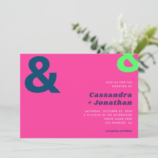 Hot Rosa Bright Retro | Groovy Ampersand Wedding Einladung (Stehend Vorderseite)