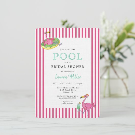 Hot-Rosa Flamingo POOL Party Brautparty Einladung (Stehend Vorderseite)