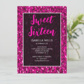 Hot Rosa Glitzern Glitzer Sweet 16 elegante Drehbu Einladung (Stehend Vorderseite)