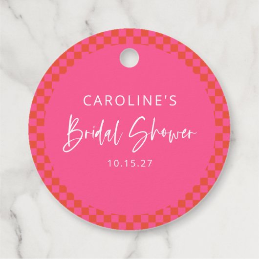Hot Rosa Orange Retro Checkerboard-Brautparty Geschenkanhänger (Rückseite)