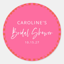 Hot Rosa Orange Retro Checkerboard-Brautparty Runder Aufkleber