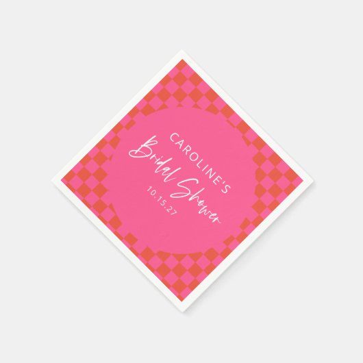 Hot Rosa Orange Retro Checkerboard-Brautparty Serviette (Ecke)