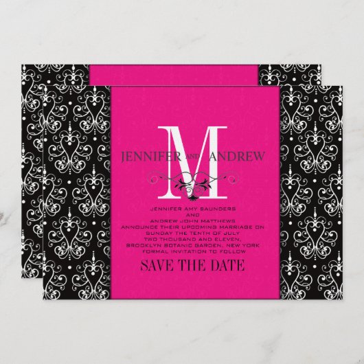 Hot rosa Save the Date Monogram Damask (Vorne/Hinten)