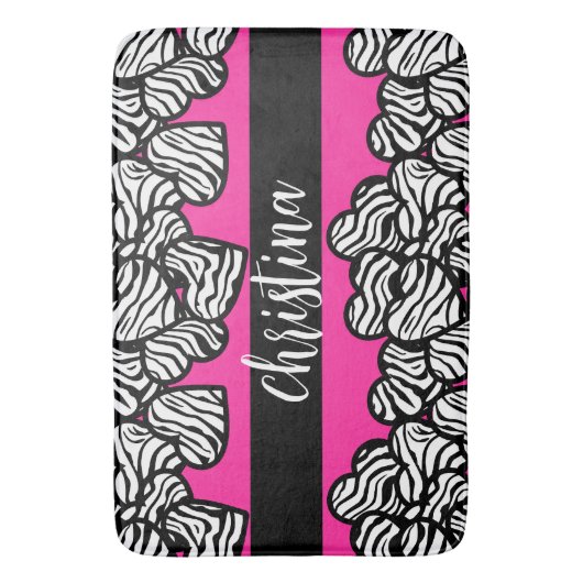 Hot rosa Schwarz-Weiß-Zebra-Muster Herzname Badematte (Vorderseite Vertikal)