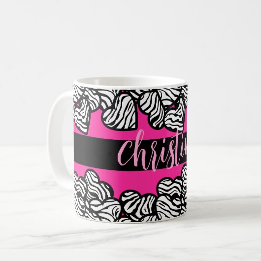 Hot rosa Schwarz-Weiß-Zebra-Muster Herzname Kaffeetasse (Vorderseite Links)