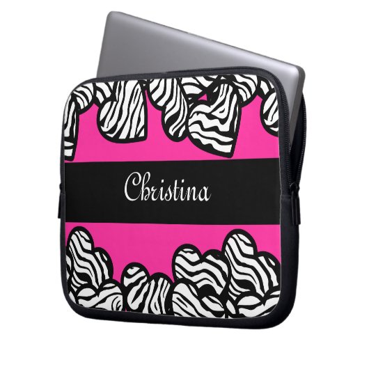 Hot rosa Schwarz-Weiß-Zebra-Muster Herzname Laptopschutzhülle (Vorderseite Links)