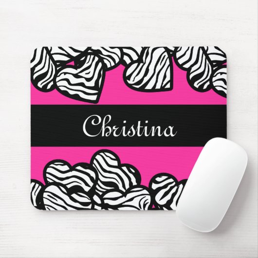 Hot rosa Schwarz-Weiß-Zebra-Muster Herzname Mousepad (Mit Mouse)