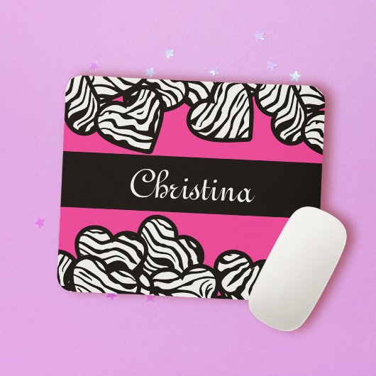 Hot rosa Schwarz-Weiß-Zebra-Muster Herzname Mousepad