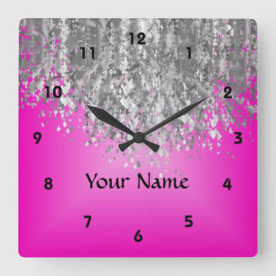 Hot-Rosa und Imitat Glitzer Quadratische Wanduhr