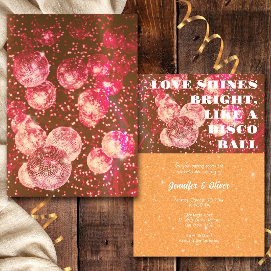 Hot Rosa und Orange Retro Disco Ball Wedding Einladung