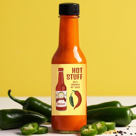 HOT STUFF Spicy Hot Sauce Jalapeños Chiles Lebensmitteletikett