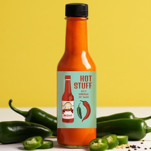 HOT STUFF Spicy Hot Sauce Jalapeños Chiles Lebensmitteletikett