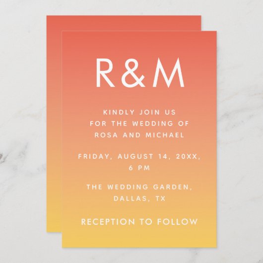 Hot Summer Orange Ombre Minimalistisch Monogram Einladung (Vorne/Hinten)