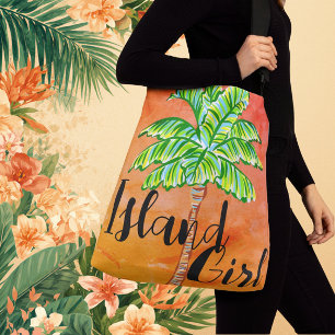 Hot Sunny Orange Tropical Palm Tree Island Girl Tragetaschen Mit Langen Trägern