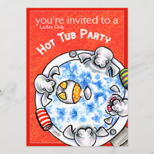 Hot Tub Party Funny Manatees Off-Leash Art™ Red Einladung