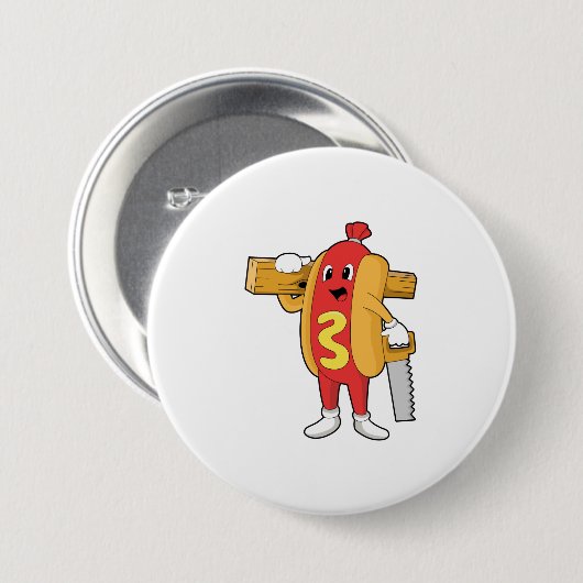 Hotdog als Carpenter mit Säge und Holz Button (Vorne & Hinten)