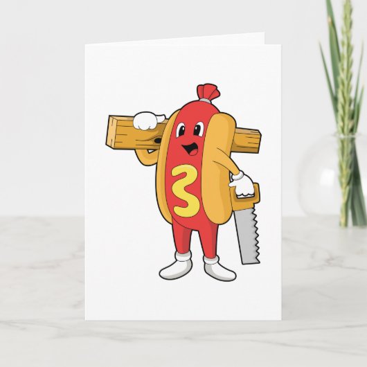 Hotdog als Carpenter mit Säge und Holz Karte (Vorderseite)