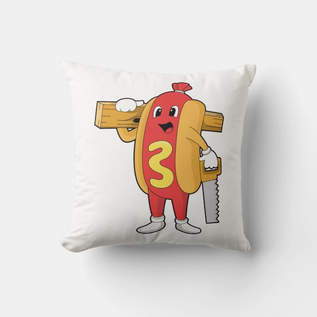 Hotdog als Carpenter mit Säge und Holz Kissen (Vorderseite)