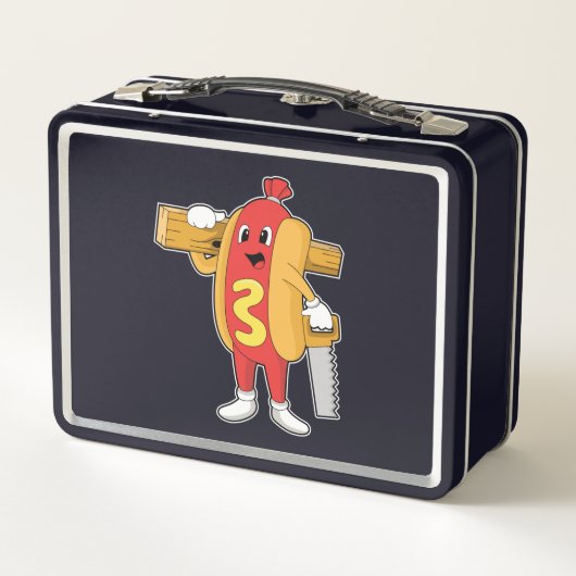 Hotdog als Carpenter mit Säge und Holz Metall Brotdose (Rückseite)