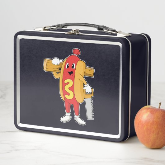 Hotdog als Carpenter mit Säge und Holz Metall Brotdose (Beispiel)