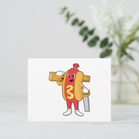 Hotdog als Carpenter mit Säge und Holz Postkarte (Stehend Vorderseite)