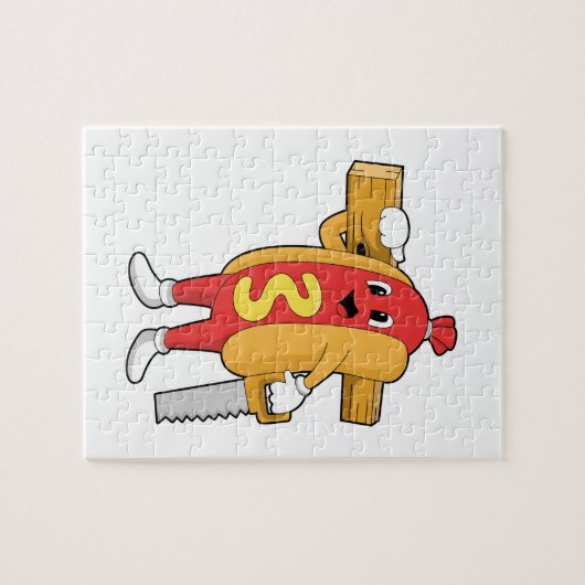 Hotdog als Carpenter mit Säge und Holz Puzzle (Horizontal)