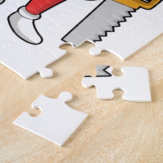 Hotdog als Carpenter mit Säge und Holz Puzzle (Seite)