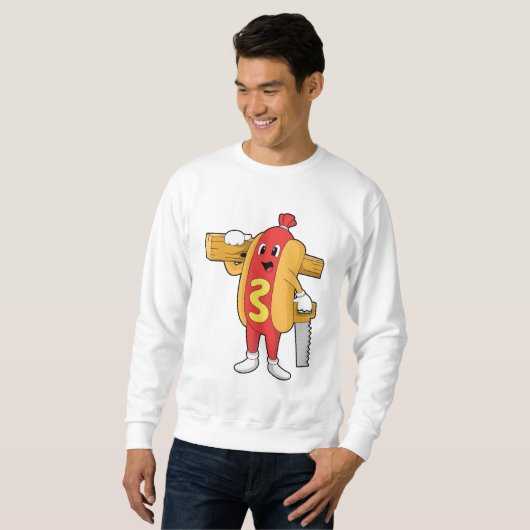 Hotdog als Carpenter mit Säge und Holz Sweatshirt (Vorne ganz)