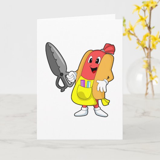 Hotdog als Friseur mit Schere Karte (Gelbe Blume)