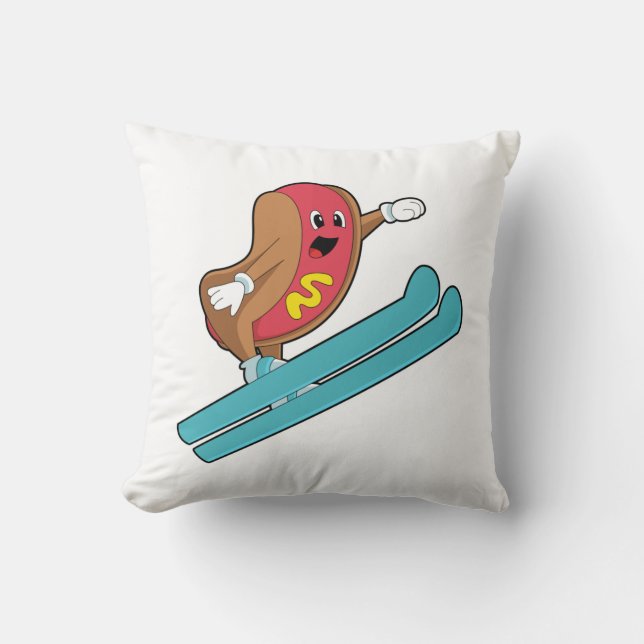 Hotdog als Ski-Jumper mit Ski.PNG Kissen (Vorderseite)