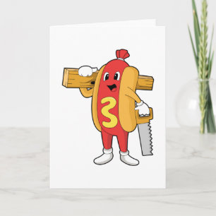Hotdog als Zimmermann mit Säge und Holz Karte