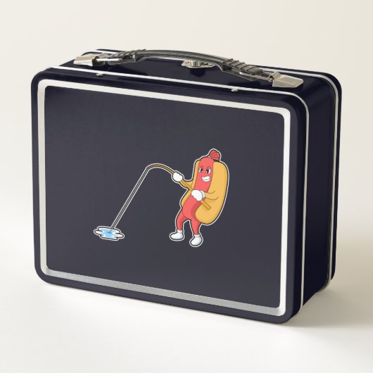 Hotdog beim Angeln mit Angelgestänge Metall Brotdose (Rückseite)