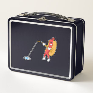 Hotdog beim Angeln mit Angelgestänge Metall Brotdose