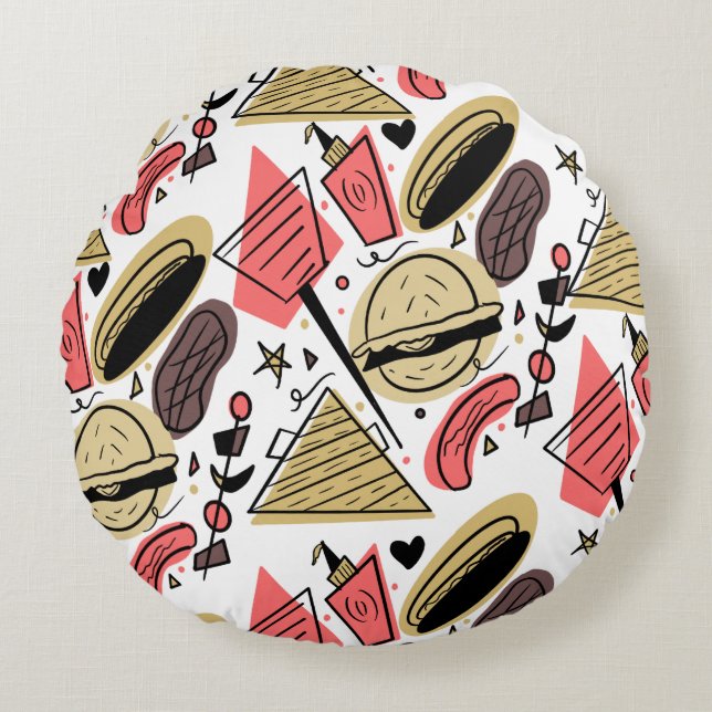 Hotdog Burger Doodle GRILLEN Birthday Pattern Rundes Kissen (Vorderseite)