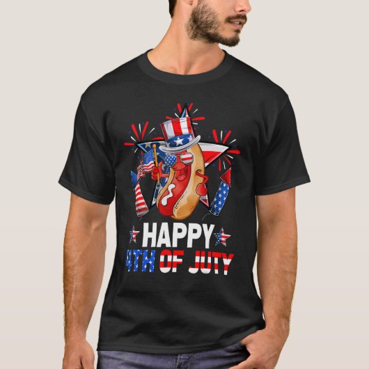 Hotdog Fireworks American Flag Happy 4. Juli T-Shirt (Vorderseite)