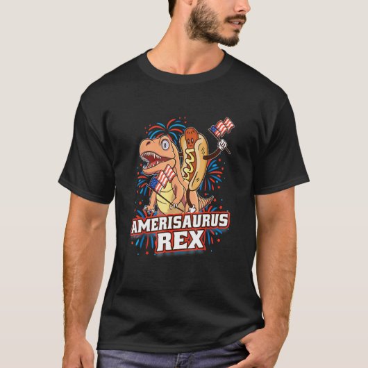 Hotdog T Rex Dinosaur 4th of July Amerisaurus Funn T-Shirt (Vorderseite)