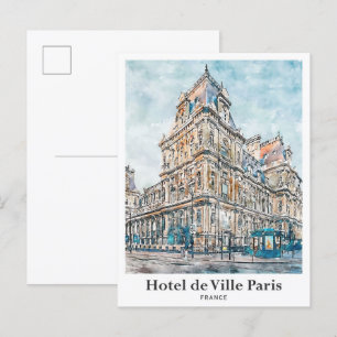 Hôtel de Ville Paris Reise Wasserfarbe Handgezeich Postkarte