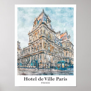 Hotel de Ville Paris Reisen Wasserfarben Handgezei Poster