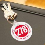 Hotel Name Plus Room Number on a Keychain Schlüsselanhänger<br><div class="desc">Hotel Room Keyring or Keychain with the hotel name and address plus room number. Red design.</div>