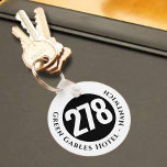 Hotel Name Plus Room Number on a Keychain Schlüsselanhänger<br><div class="desc">Hotel Room Keyring or Keychain with the hotel name and address plus room number. Black and white design.</div>