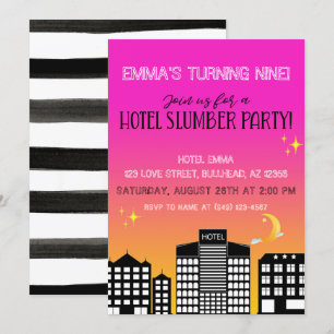 Hotel-Skyline Mädchen-Pyjama-Party rosa Ombre Einladung