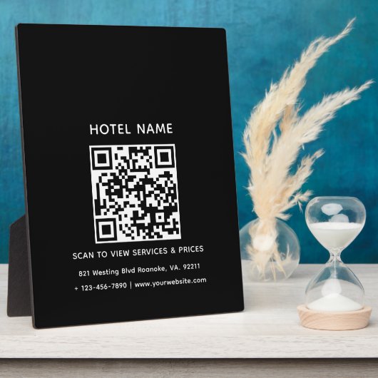 Hotelname Logo und QR Code Services Preise Details Fotoplatte (Seite)