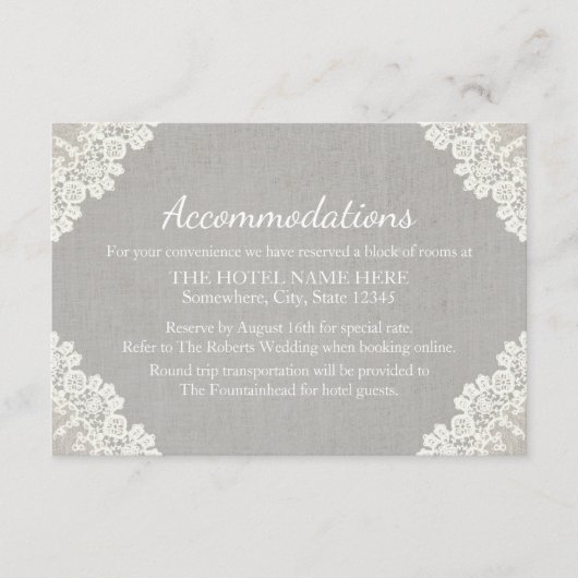 Hotelunterkunft | Rustikale Spitzen und graue Line Begleitkarte (Vorderseite)