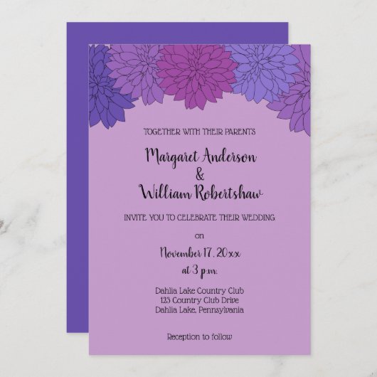 Hothouse Dahlias Lila Blumenhochzeit Einladung (Vorne/Hinten)