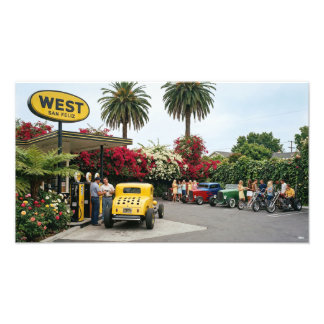 Hotrod an einer Tankstelle in Los Angeles 1969 Fotodruck