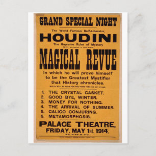 Houdini, 'Magische Revue' Retro-Theater Postkarte