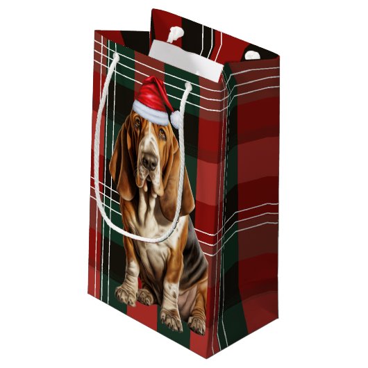 Hound Dog Holiday Basset und Karierte Weihnachten Kleine Geschenktüte (Rückseite Schrägansicht)