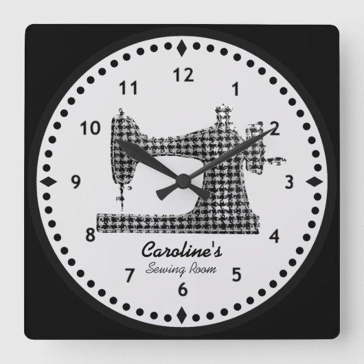 Houndstooth Check Sewing Machine Wall Clock Quadratische Wanduhr (Vorderseite)