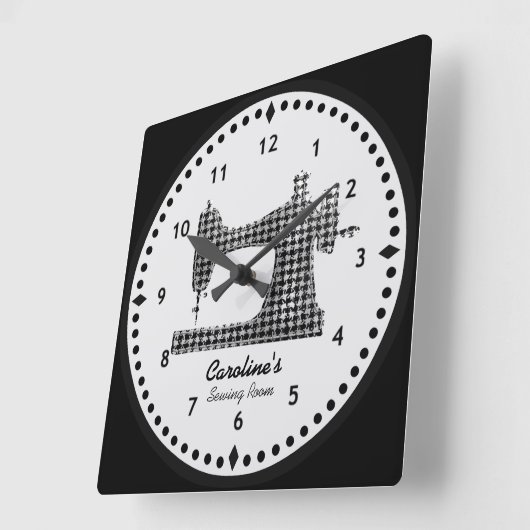 Houndstooth Check Sewing Machine Wall Clock Quadratische Wanduhr (Winkel)