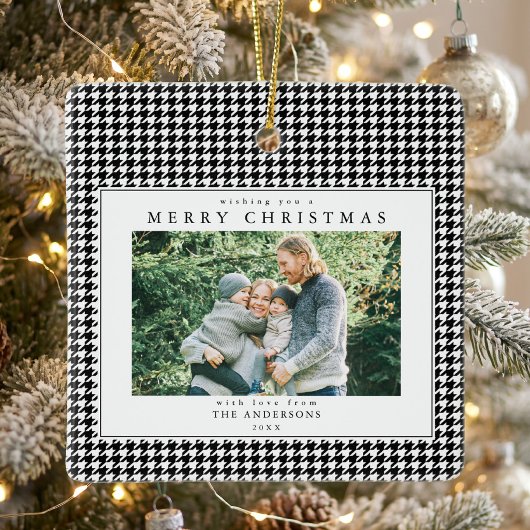 Houndstooth Schwarz-Weiß-Weihnachtsfoto Keramikornament